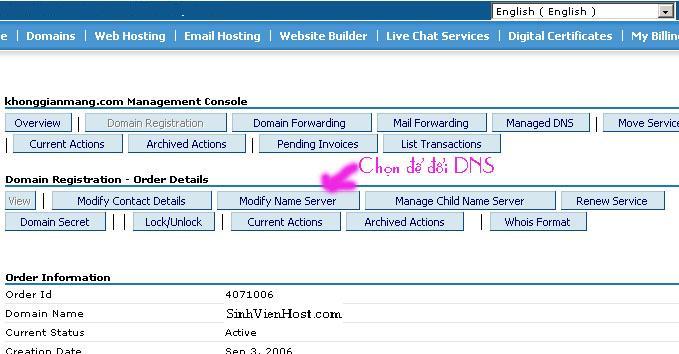 Chọn Modify Name Server để thay đổi DNS chon modify name server de thay doi dns